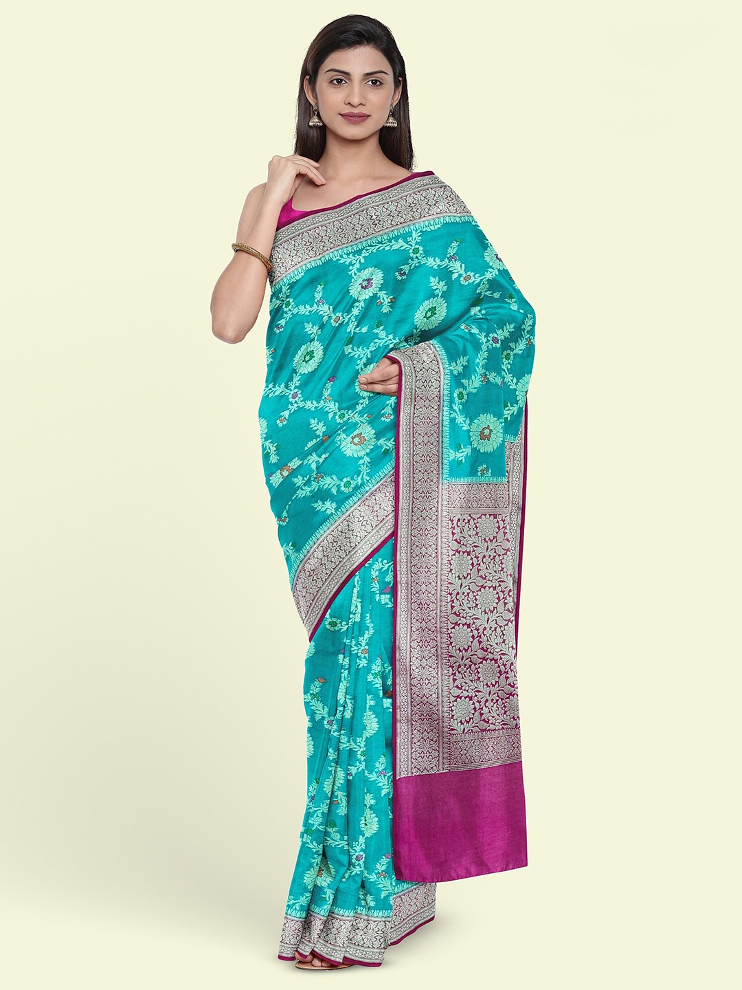 

Muskan Fashion Woven Design Ethnic Motifs Banarasi Saree, Turquoise blue