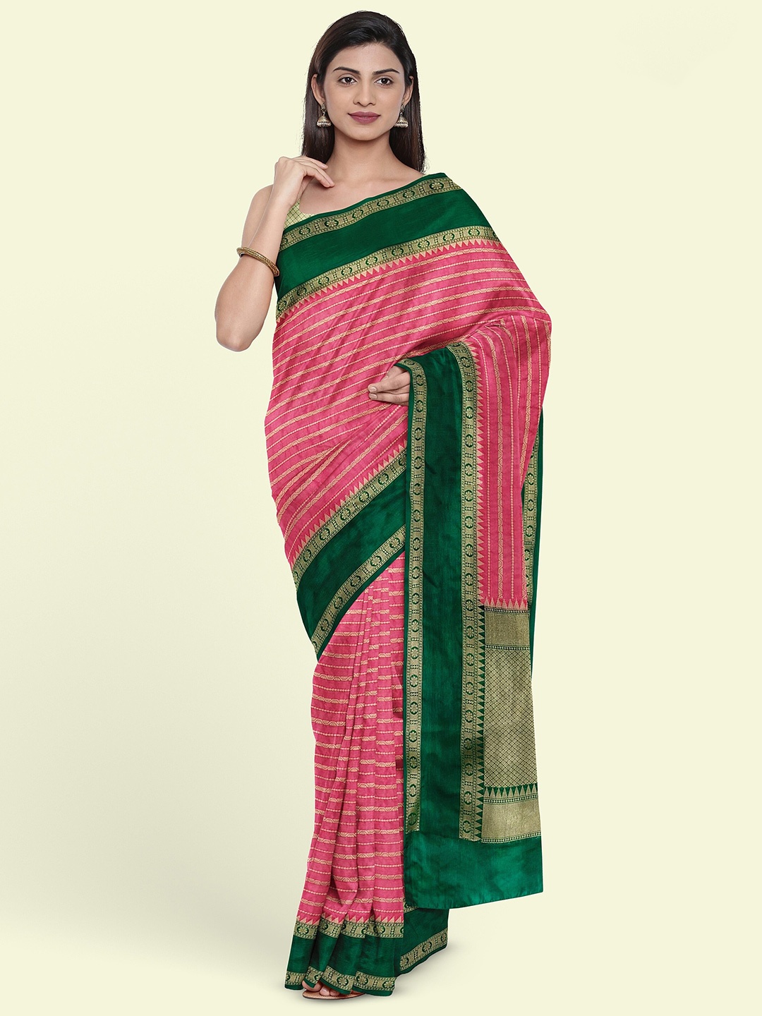 

Muskan Fashion Ethnic Motifs Woven Design Zari Banarasi Saree, Peach