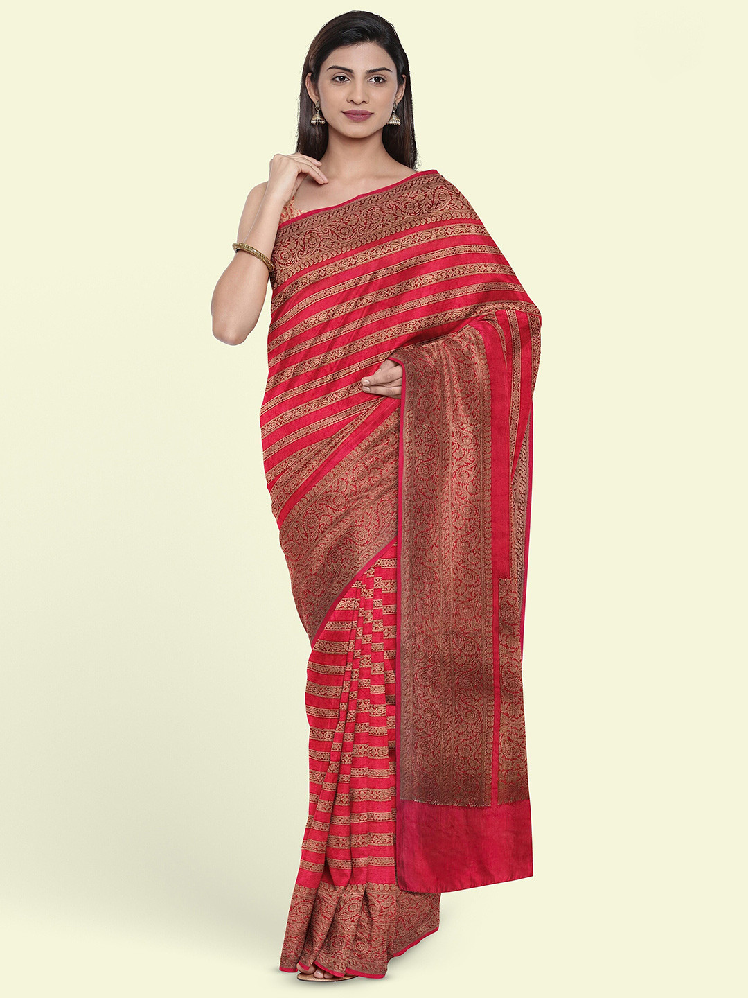 

Muskan Fashion Woven Design Ethnic Motifs Zari Poly Georgette Banarasi Saree, Red