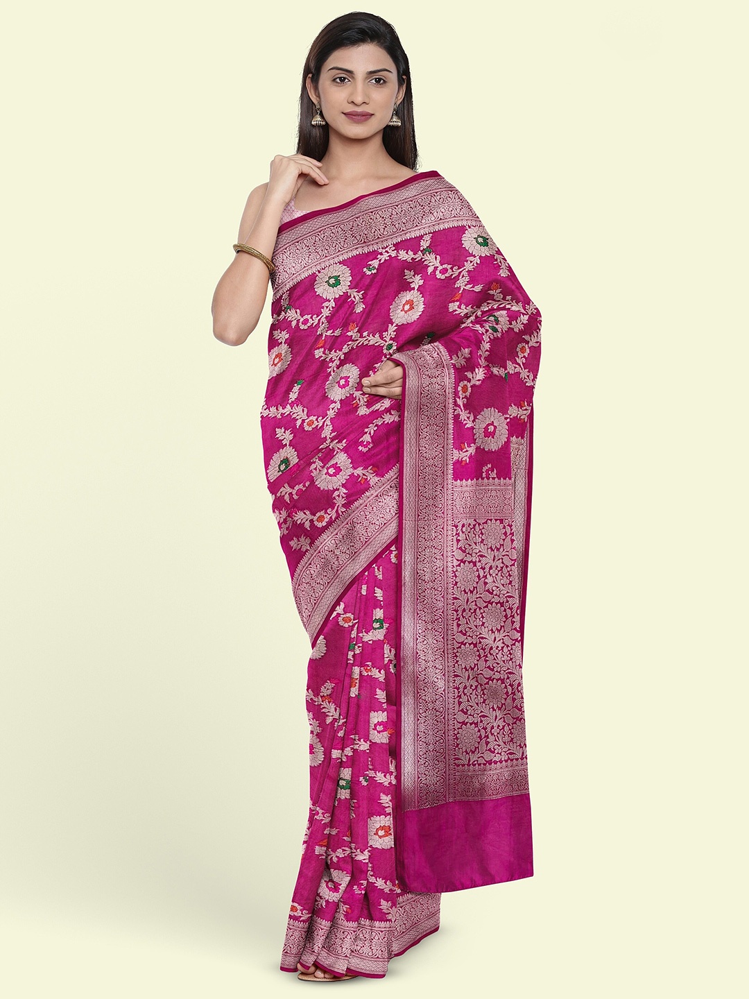 

Muskan Fashion Ethnic Motifs Woven Design Zari Banarasi Saree, Pink