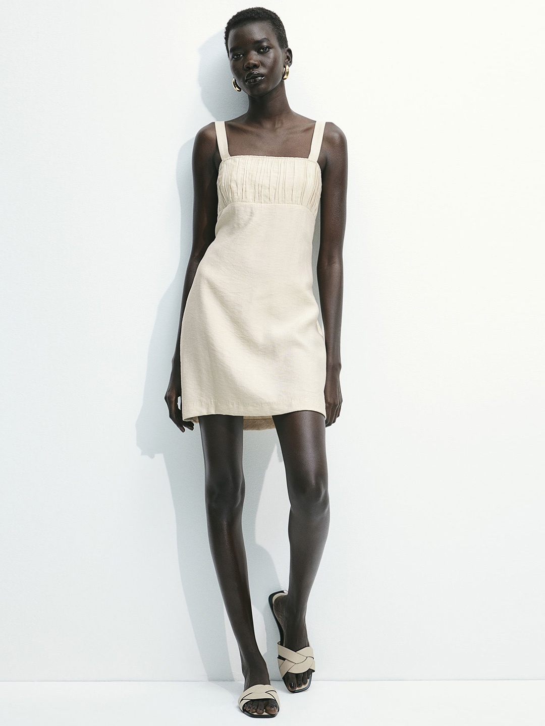 

H&M Smocked Crepe Dress, Beige