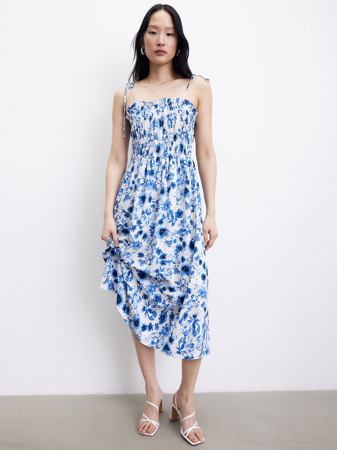 

H&M Smocked-Detail Dress, Blue