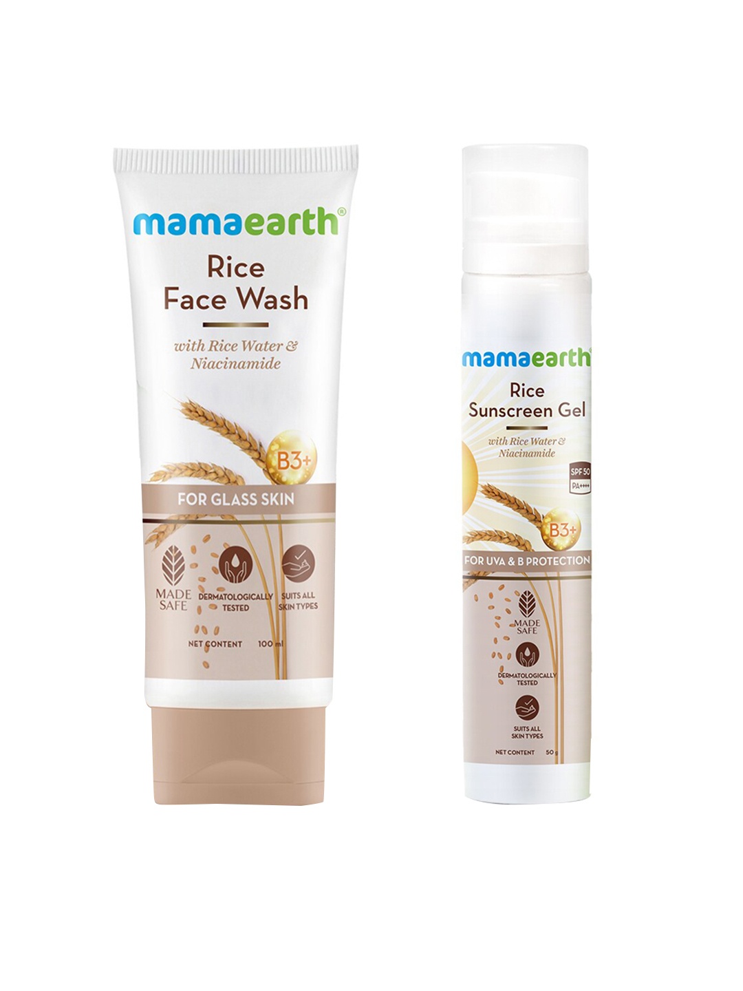 

Mamaearth Rice Sunscreen Gel SPF50 50g & Face Wash 100ml with Niacinamide for Glass Skin, White