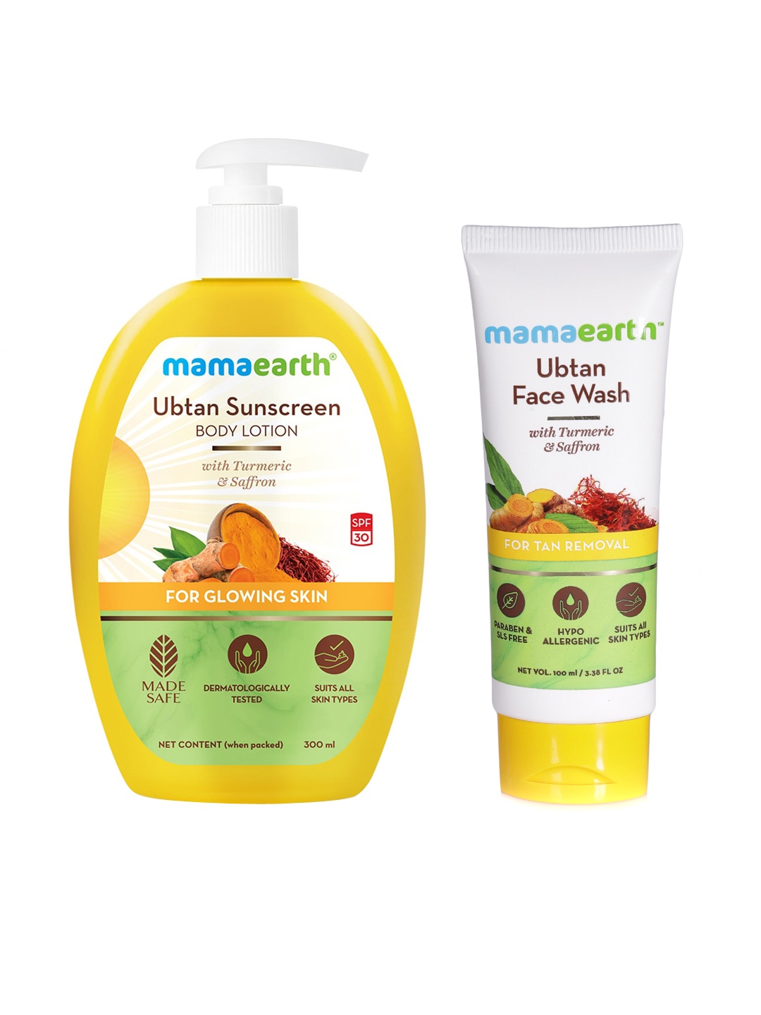 

Mamaearth Ubtan Face Wash 100ml & Sunscreen SPF 30 Body Lotion 300ml, Yellow