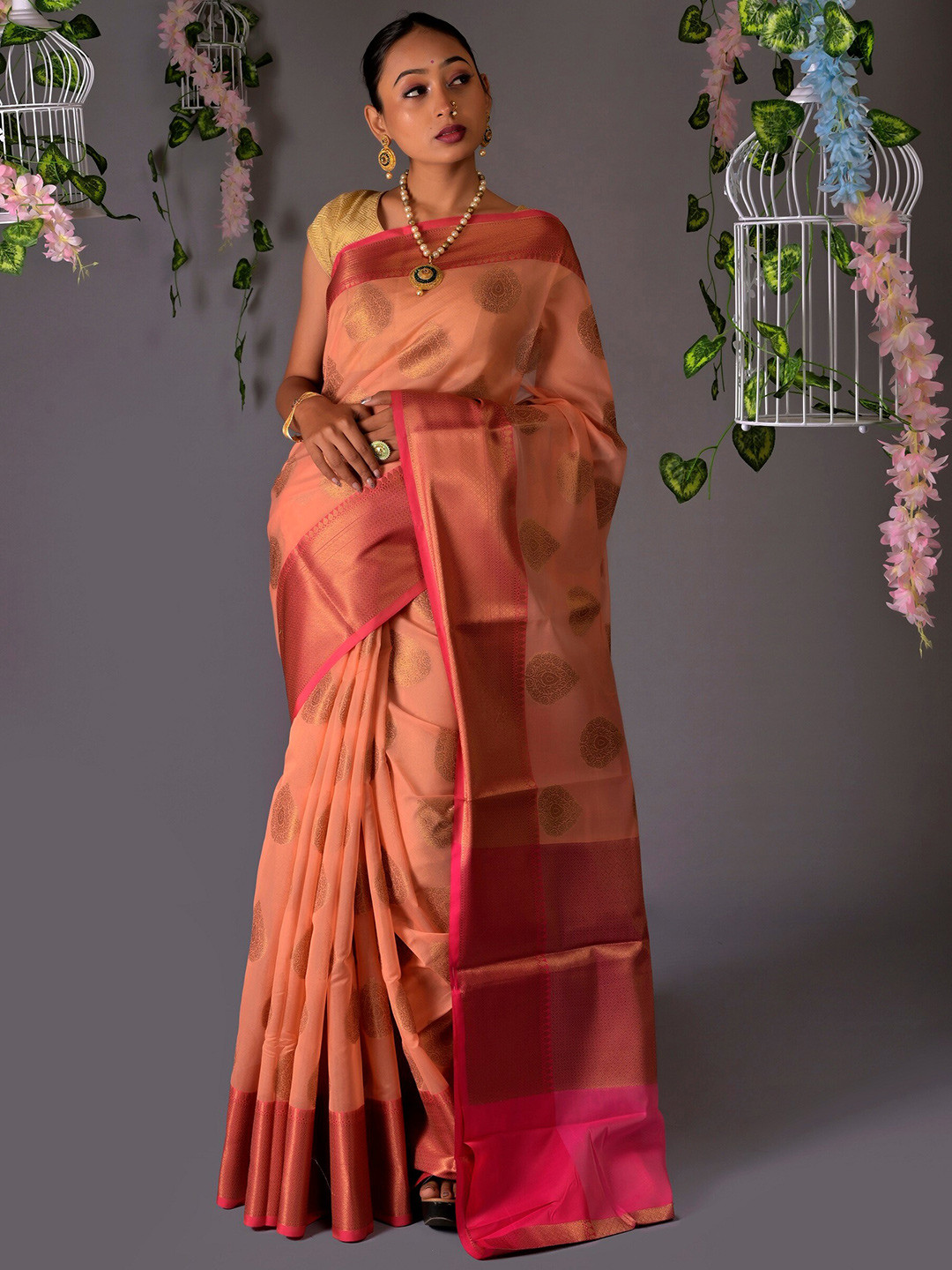 

Muskan Fashion Ethnic Motifs Woven Design Zari Banarasi Saree, Peach
