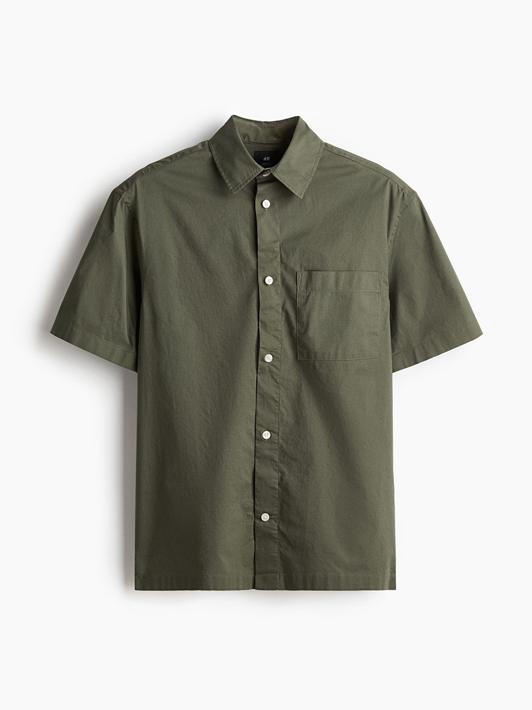 

H&M Men Pure Cotton Relaxed Fit Short-Sleeved Shirt, Olive