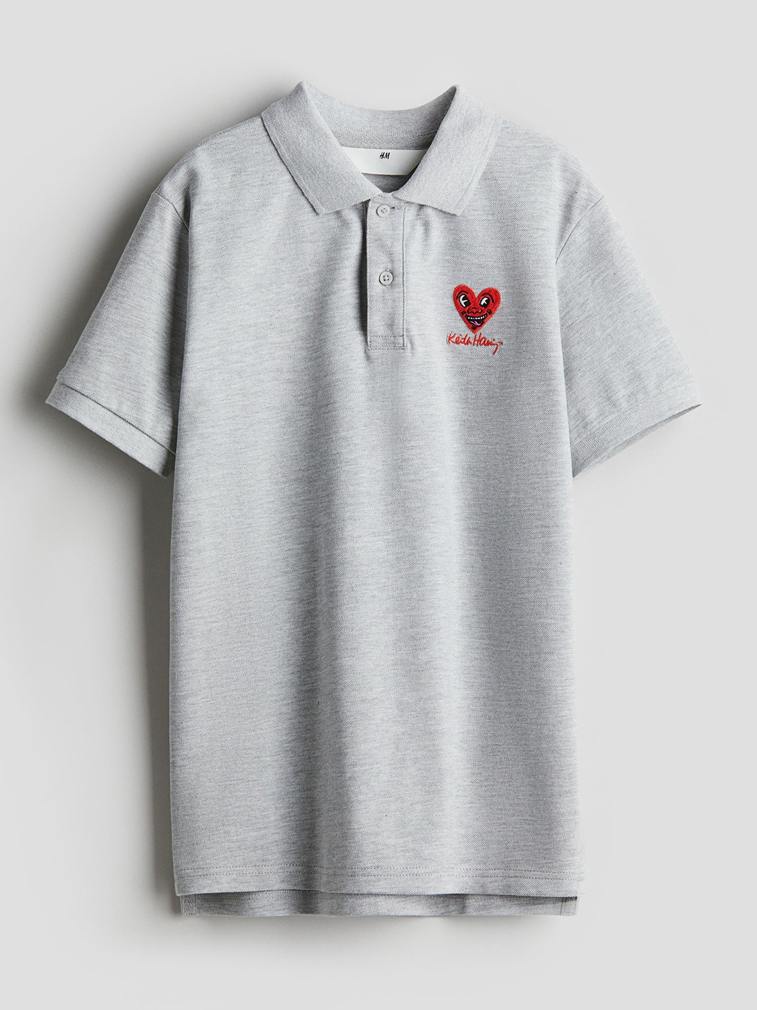

H&M Boys Embroidered-Motif Pique Polo Shirt, Grey