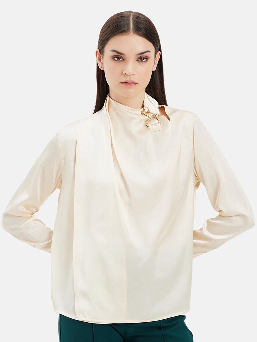 

Kazo High Neck Cuffed Sleeves Satin Top, Beige