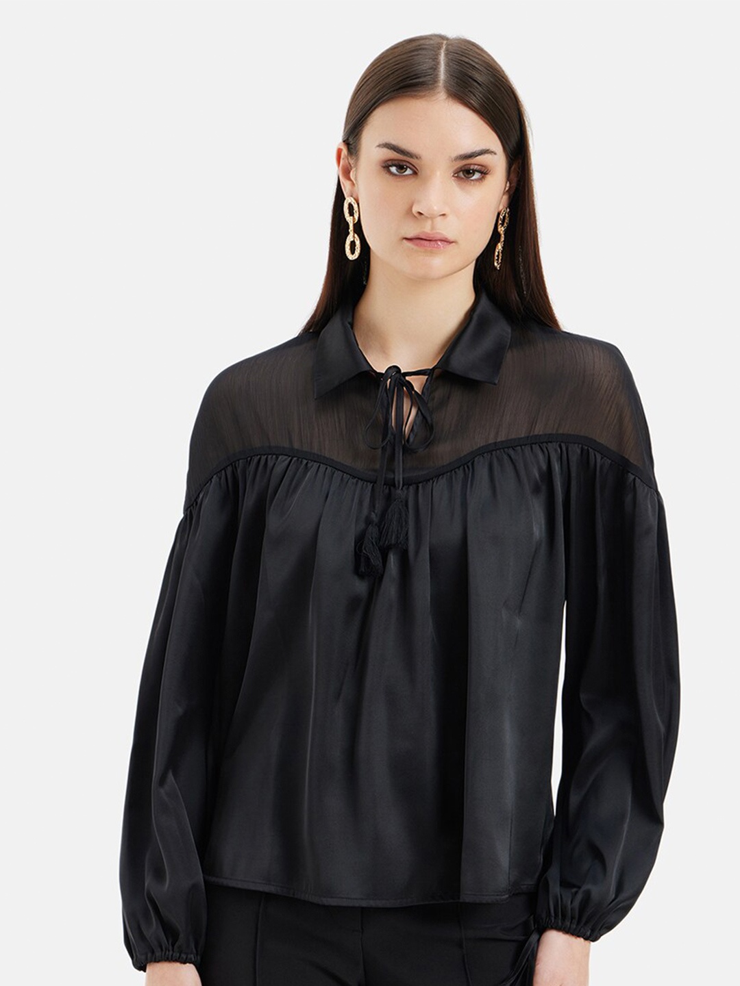 

Kazo Tie-Up Neck Cuffed Sleeves Satin Top, Black