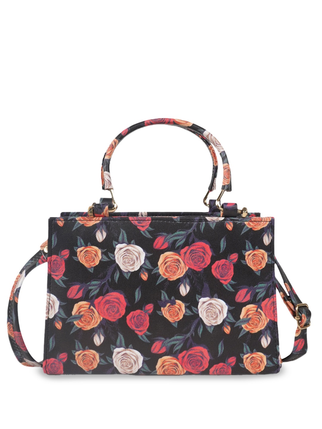

SHINING STAR Floral Printed Structured Handheld Bag, Black