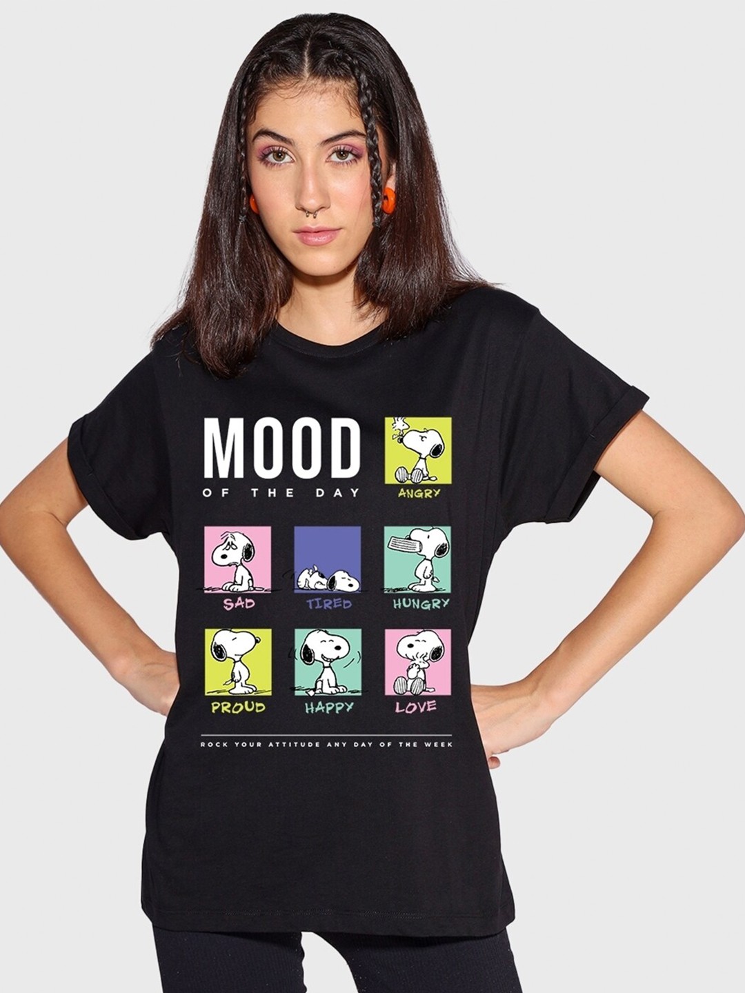 

Bewakoof Peanuts Snoopy Moods Typography Printed Relaxed Boyfriend Fit Cotton T-shirt, Black