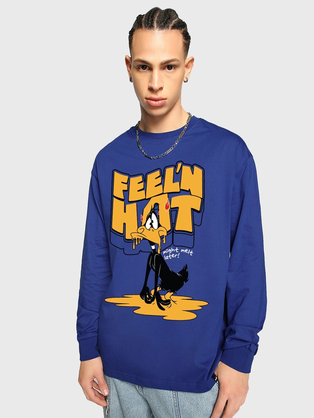 

Bewakoof Feel'n Hot Graphic Printed Drop-Shoulder Sleeves Oversized Cotton T-shirt, Blue