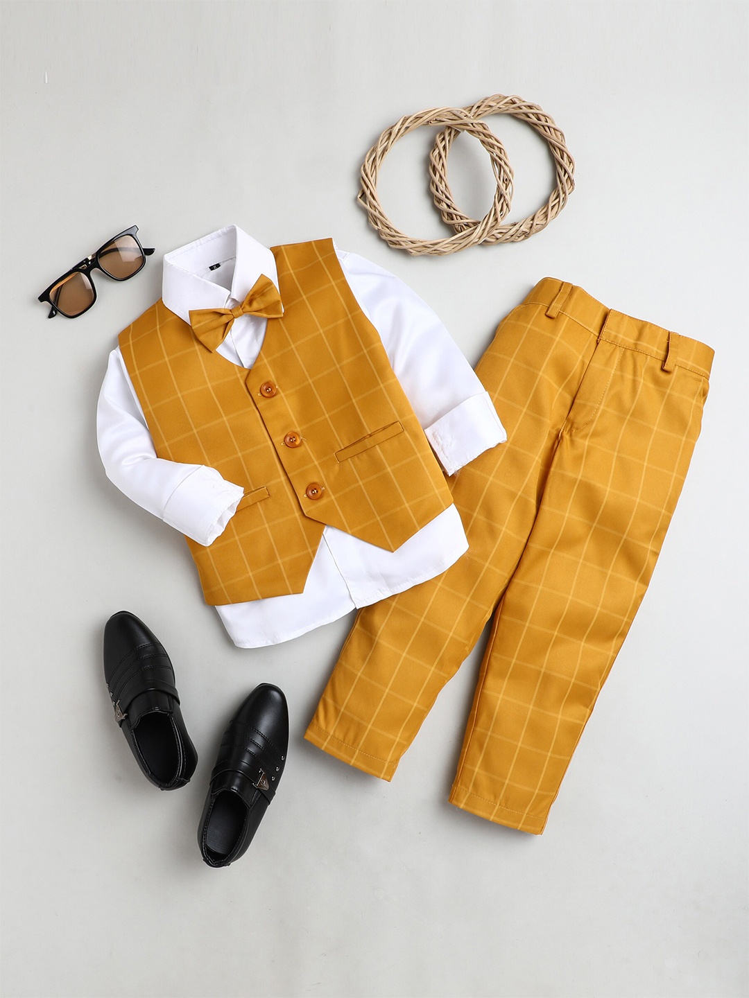 

BAESD Boys Checked Shirt With Trousers, Mustard