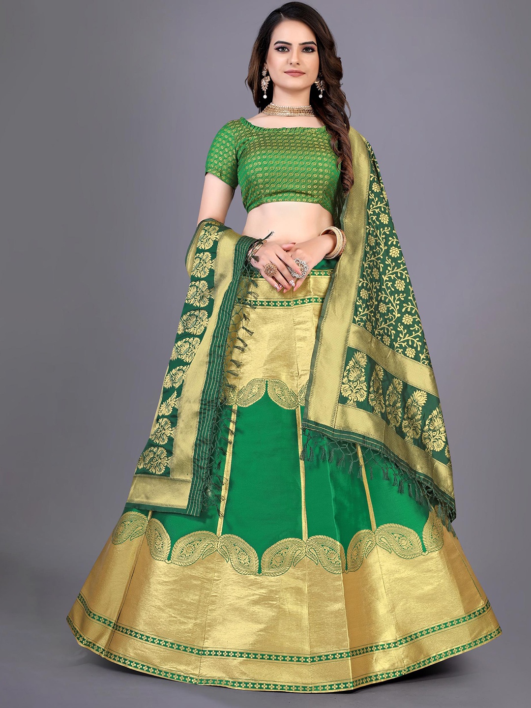 

Rujave Woven Design Semi-Stitched Lehenga & Unstitched Blouse With Dupatta, Green