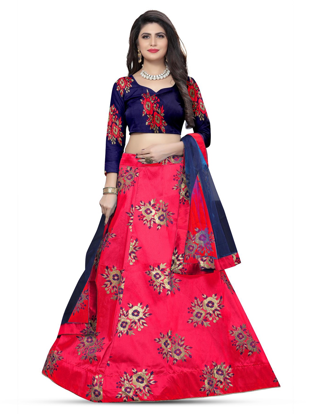 

Rujave Ethnic Motifs Woven Design Semi-Stitched Lehenga & Unstitched Blouse With Dupatta, Red