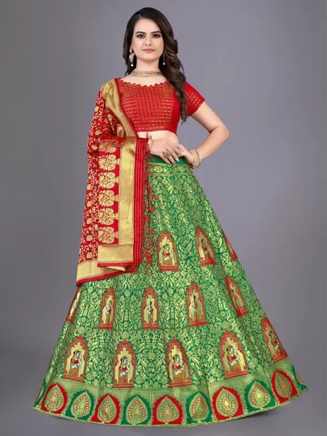 

Rujave Woven Design Semi-Stitched Lehenga & Unstitched Blouse With Dupatta, Green