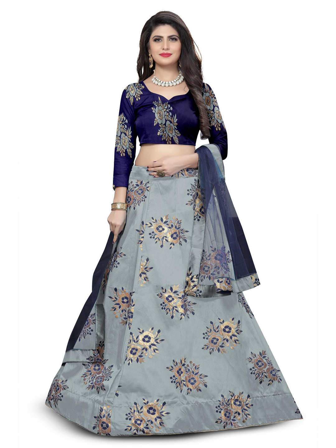 

Rujave Floral Woven Design Zari Semi-Stitched Lehenga & Unstitched Blouse With Dupatta, Grey