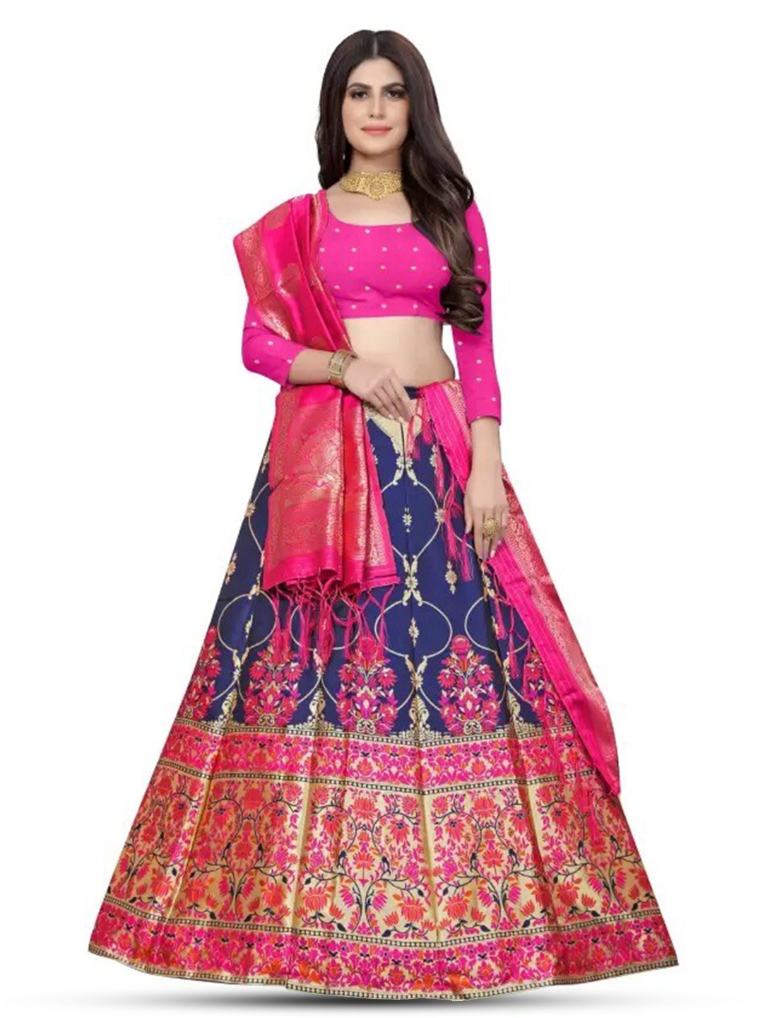 

Rujave Woven Design Zari Semi-Stitched Lehenga & Unstitched Blouse With Dupatta, Pink