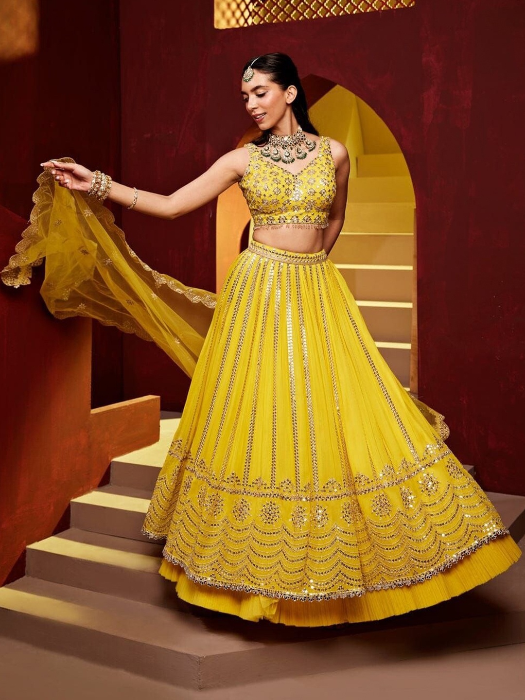 

Rujave Embellished Thread Work Semi-Stitched Lehenga & Unstitched Blouse With Dupatta, Yellow