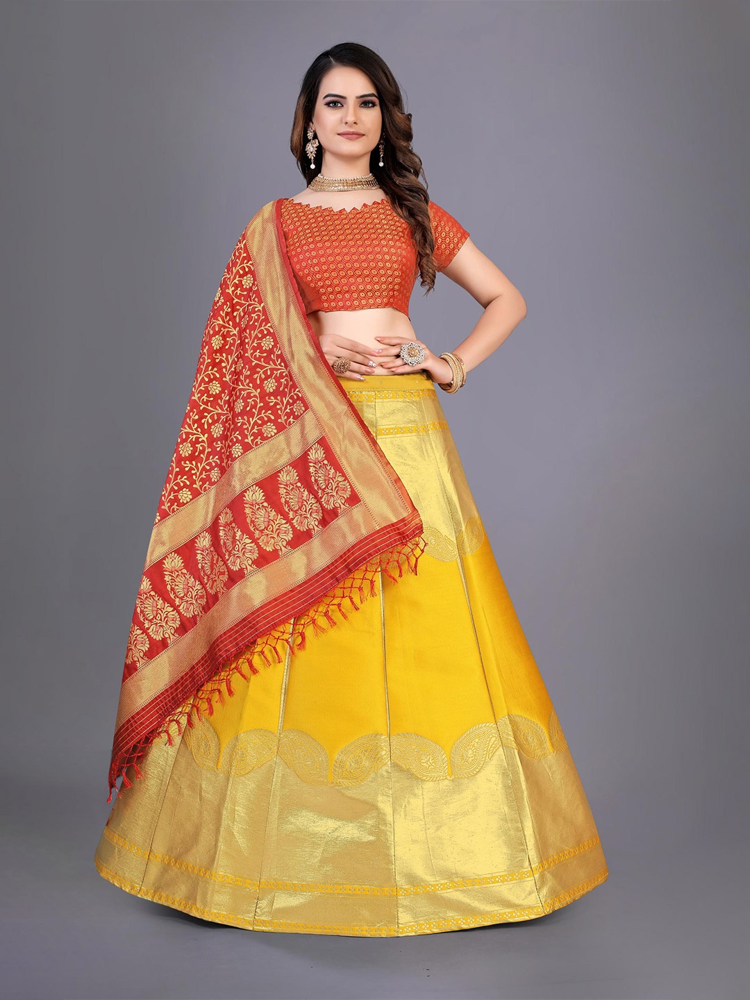 

Rujave Semi-Stitched Lehenga & Unstitched Blouse With Dupatta, Gold