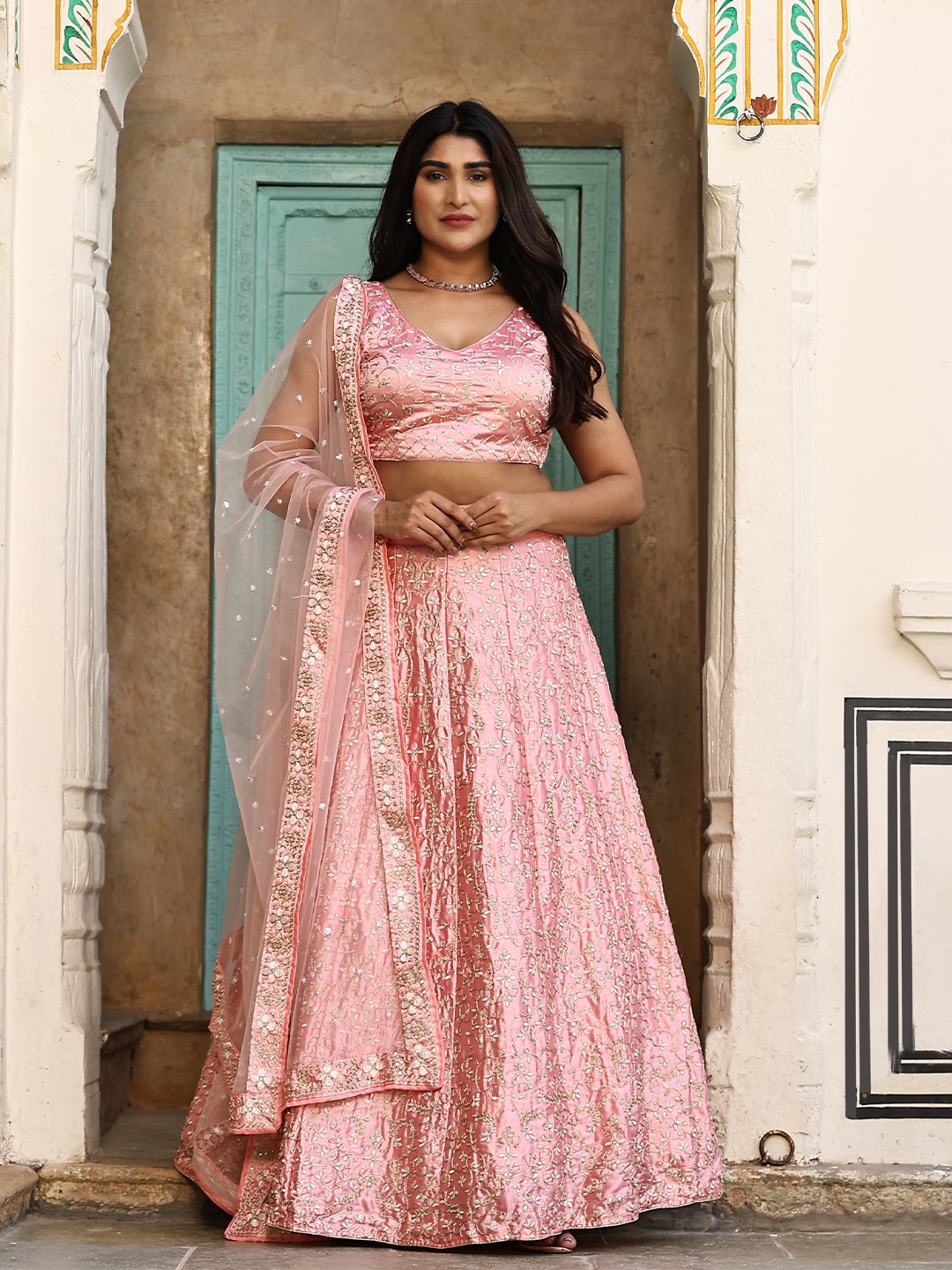 

Rujave Embellished Thread Work Semi-Stitched Lehenga & Unstitched Blouse With Dupatta, Peach