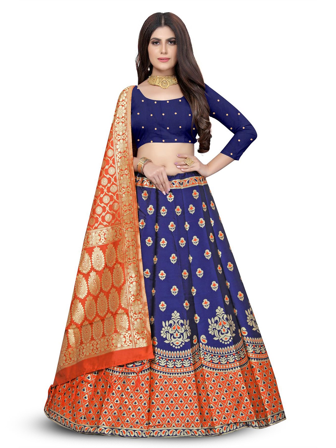 

Rujave Ethnic Motif Woven Design Semi-Stitched Lehenga & Unstitched Blouse With Dupatta, Navy blue