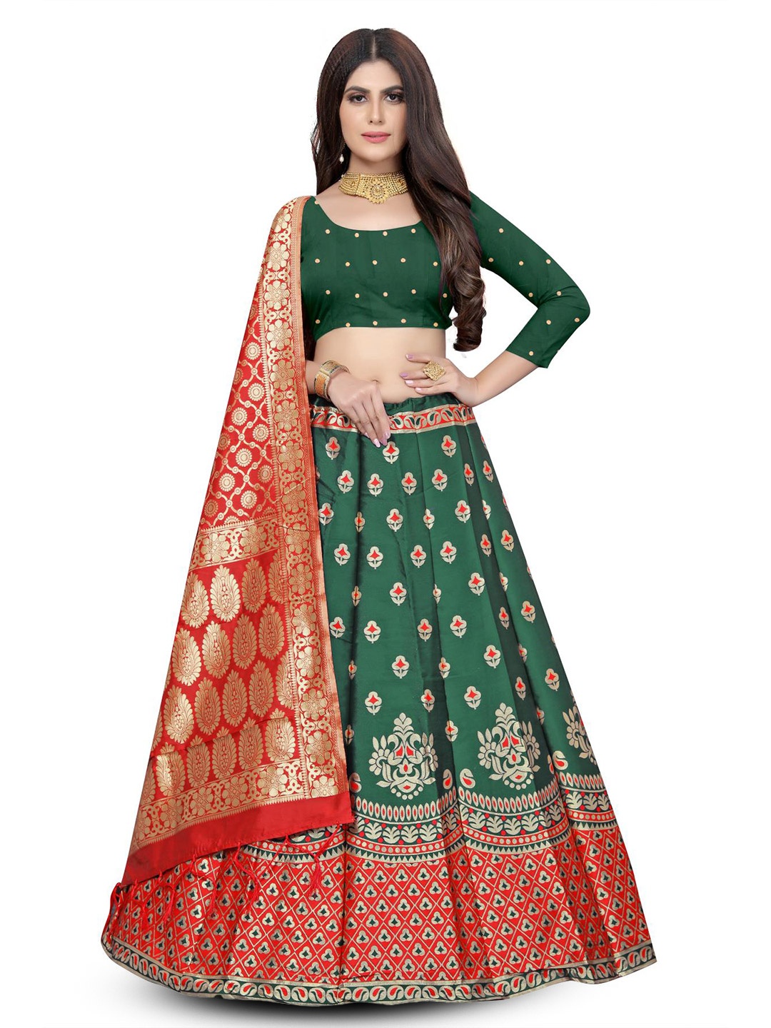 

Rujave Ethnic Motifs Printed Semi-Stitched Lehenga & Unstitched Blouse With Dupatta, Green