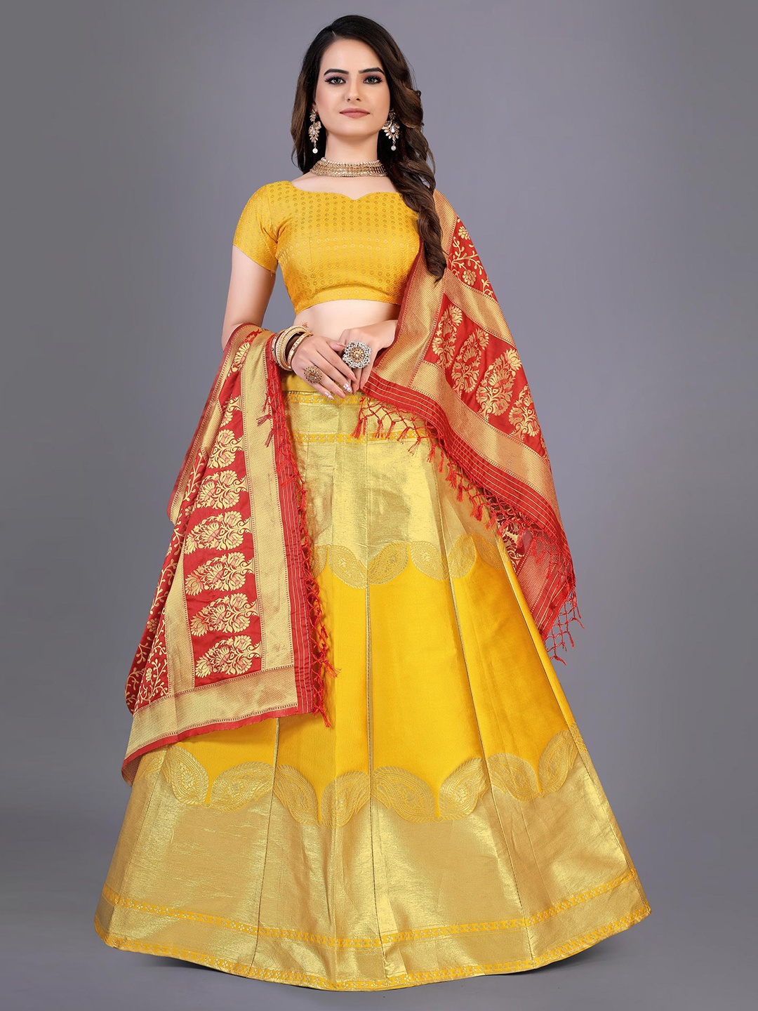 

Rujave Woven Design Semi-Stitched Lehenga & Unstitched Blouse With Dupatta, Yellow