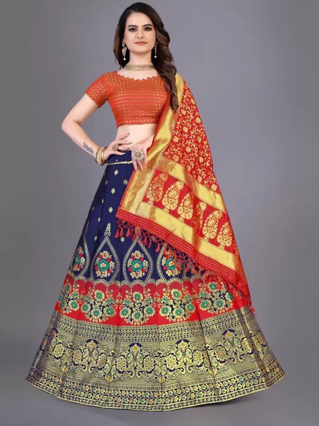 

Rujave Floral Woven Design Zari Semi-Stitched Lehenga & Unstitched Blouse With Dupatta, Navy blue