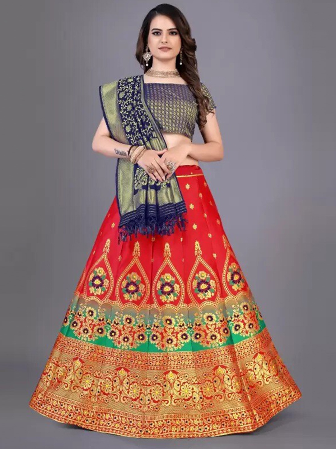 

Rujave Ethnic Motifs Woven Design Semi-Stitched Lehenga & Unstitched Blouse With Dupatta, Red