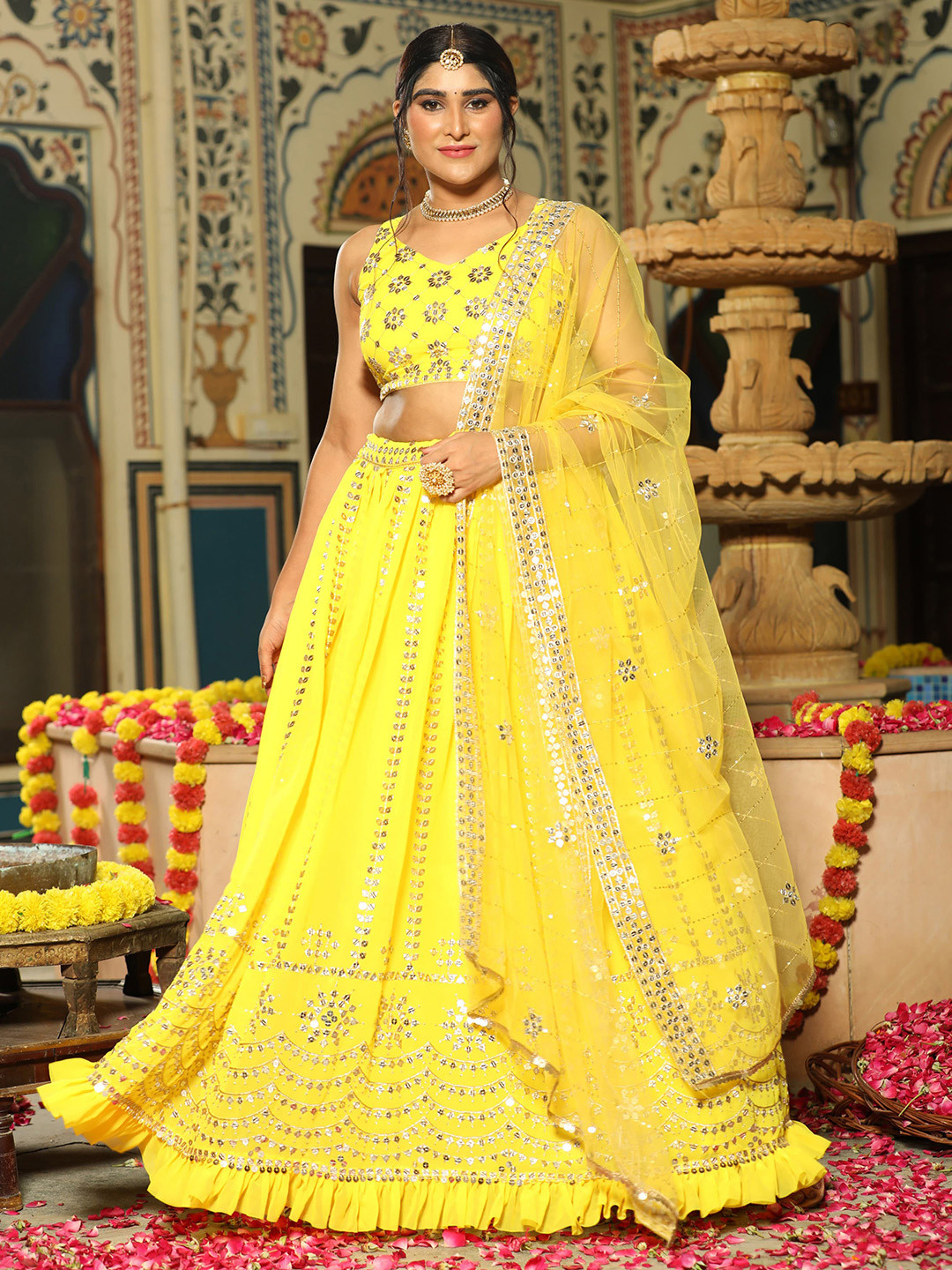 

Rujave Embellished Thread Work Semi-Stitched Lehenga & Unstitched Blouse With Dupatta, Yellow