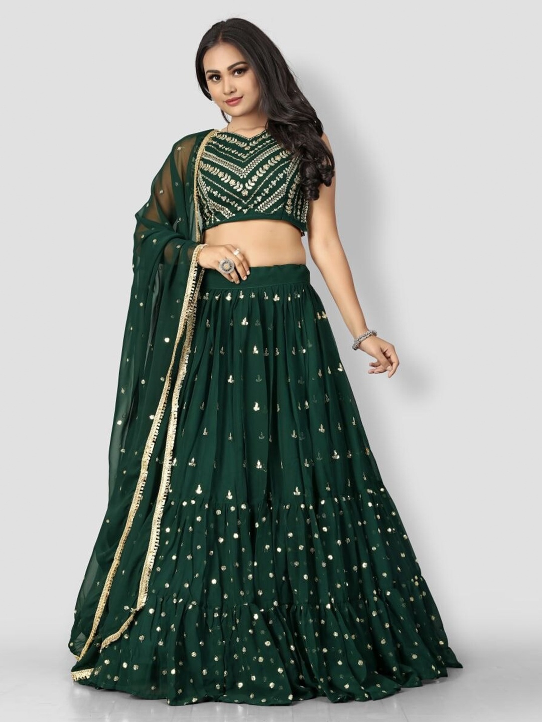 

Rujave Embroidered Silk Georgette Semi-Stitched Lehenga & Unstitched Blouse With Dupatta, Green