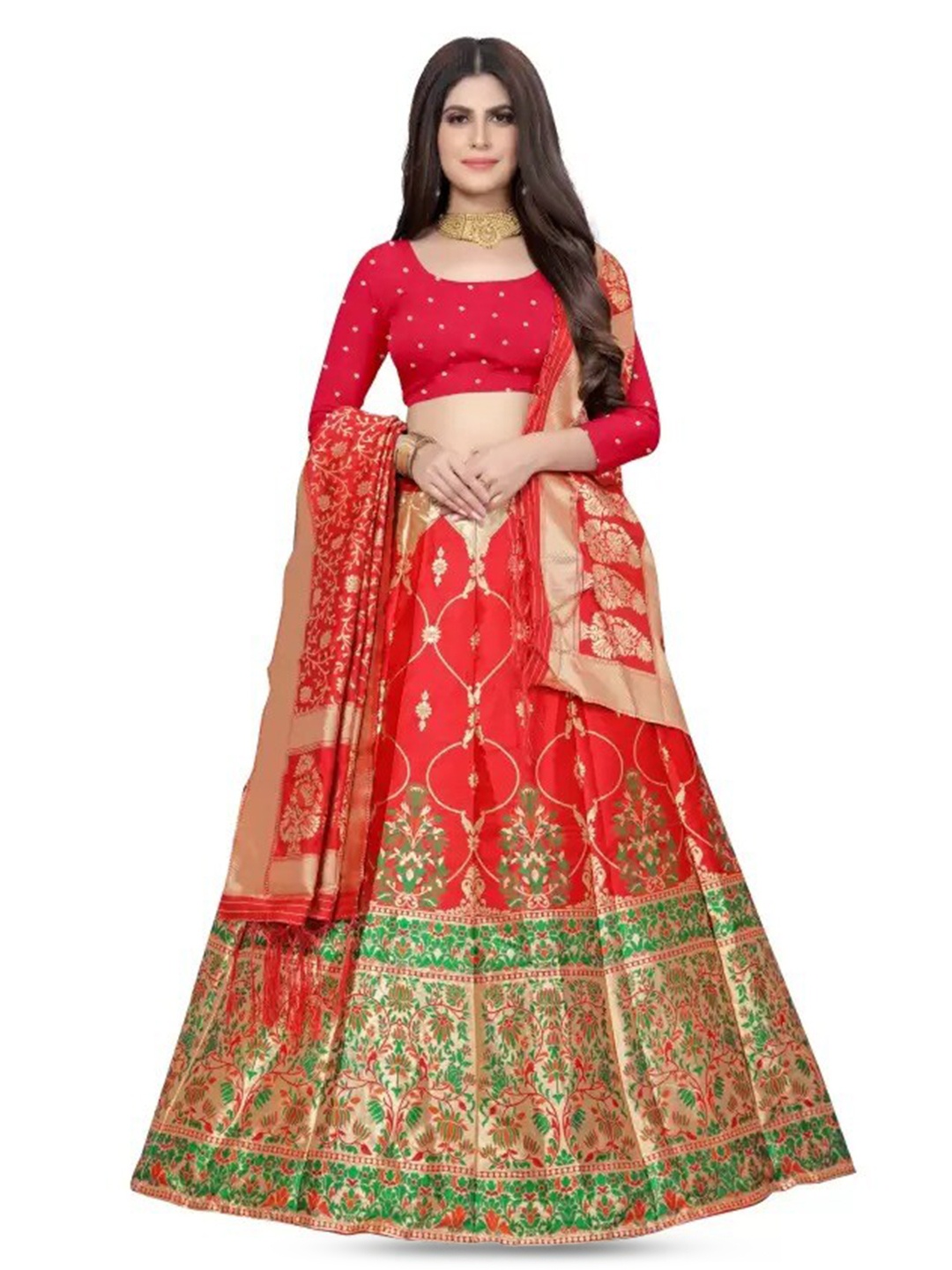 

Rujave Semi-Stitched Lehenga & Unstitched Blouse With Dupatta, Red