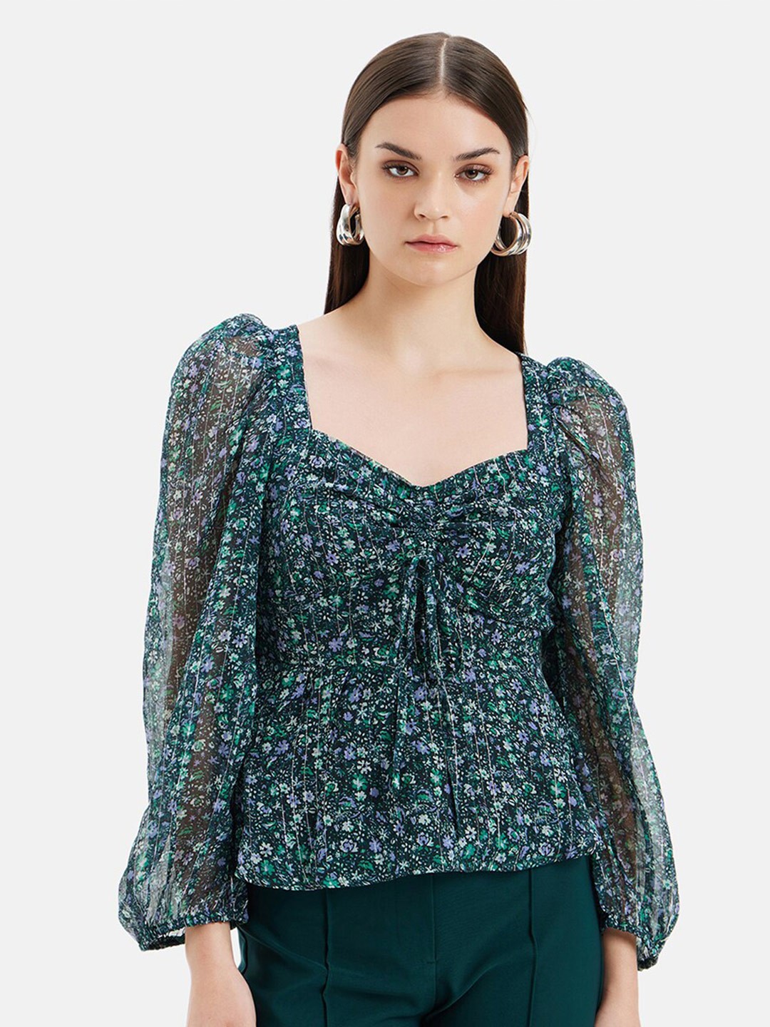 

Kazo Floral Printed Puff Sleeves Top, Green