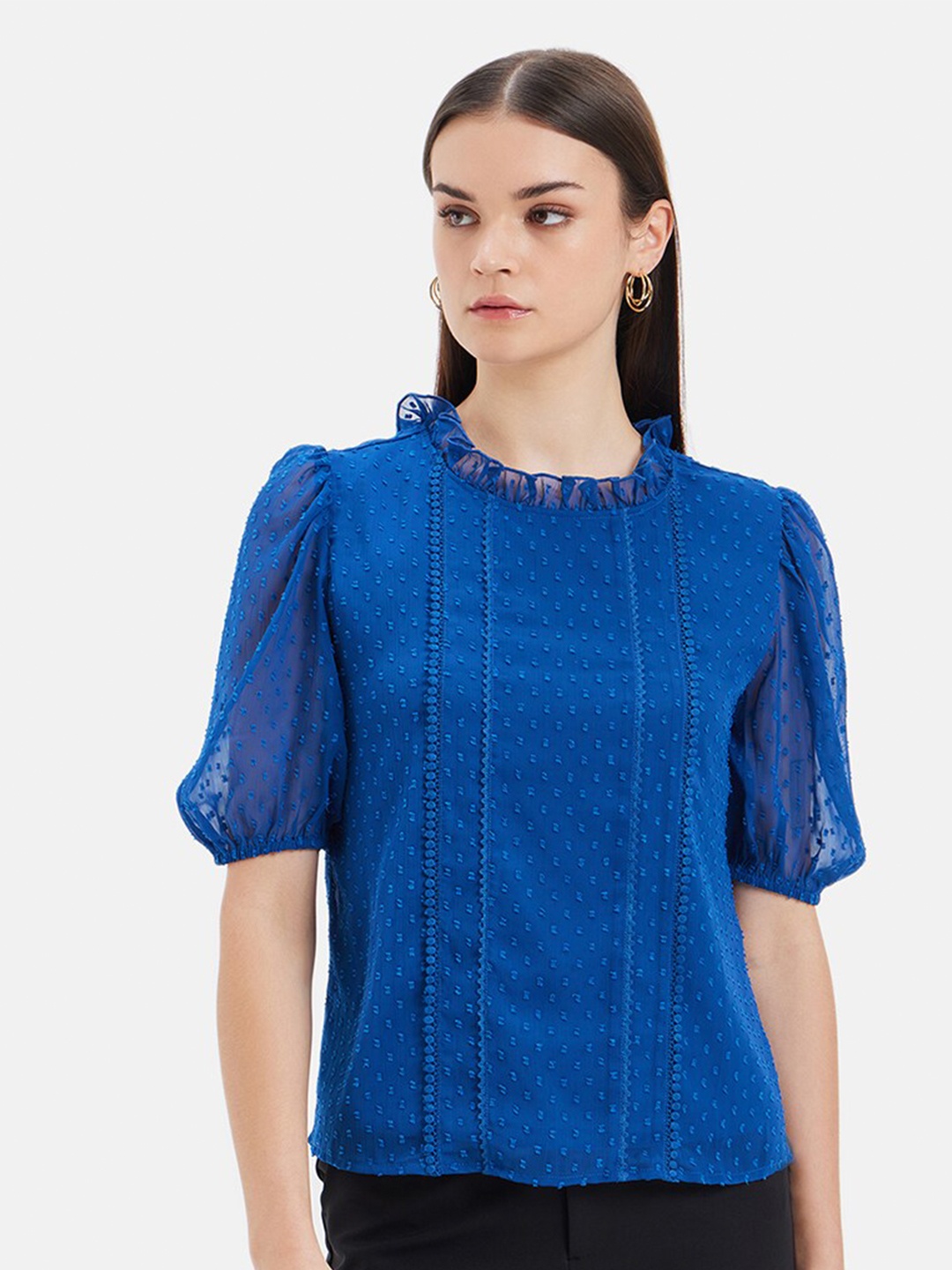 

Kazo Self Design Puff Sleeves Top, Blue
