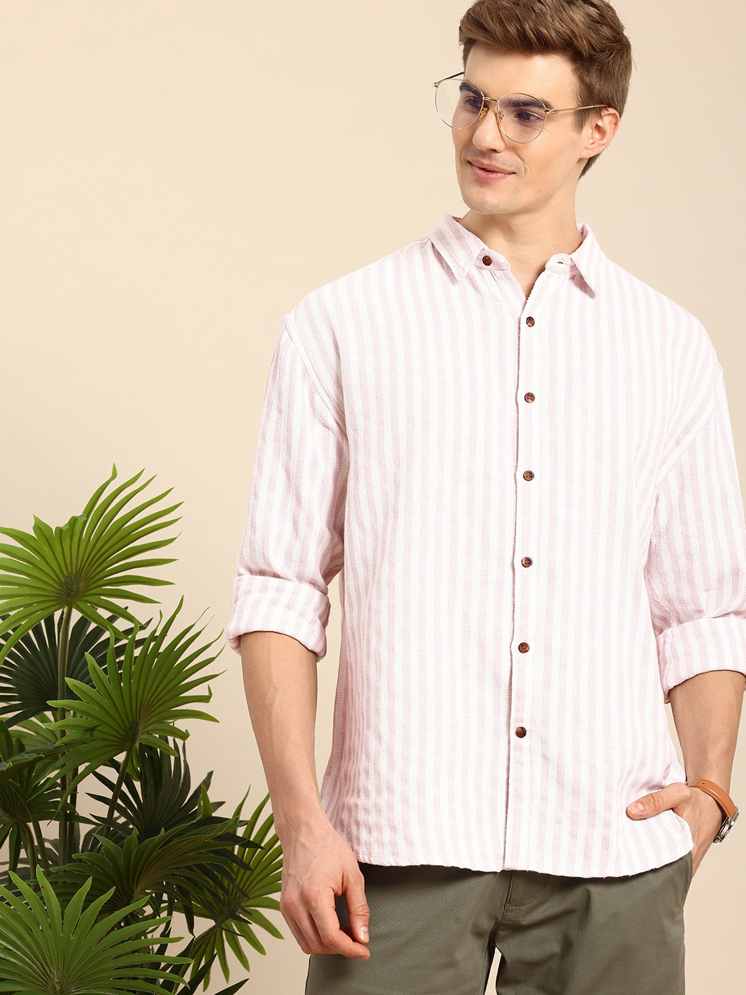 

Mast & Harbour Men Striped Casual Shirt, Rose