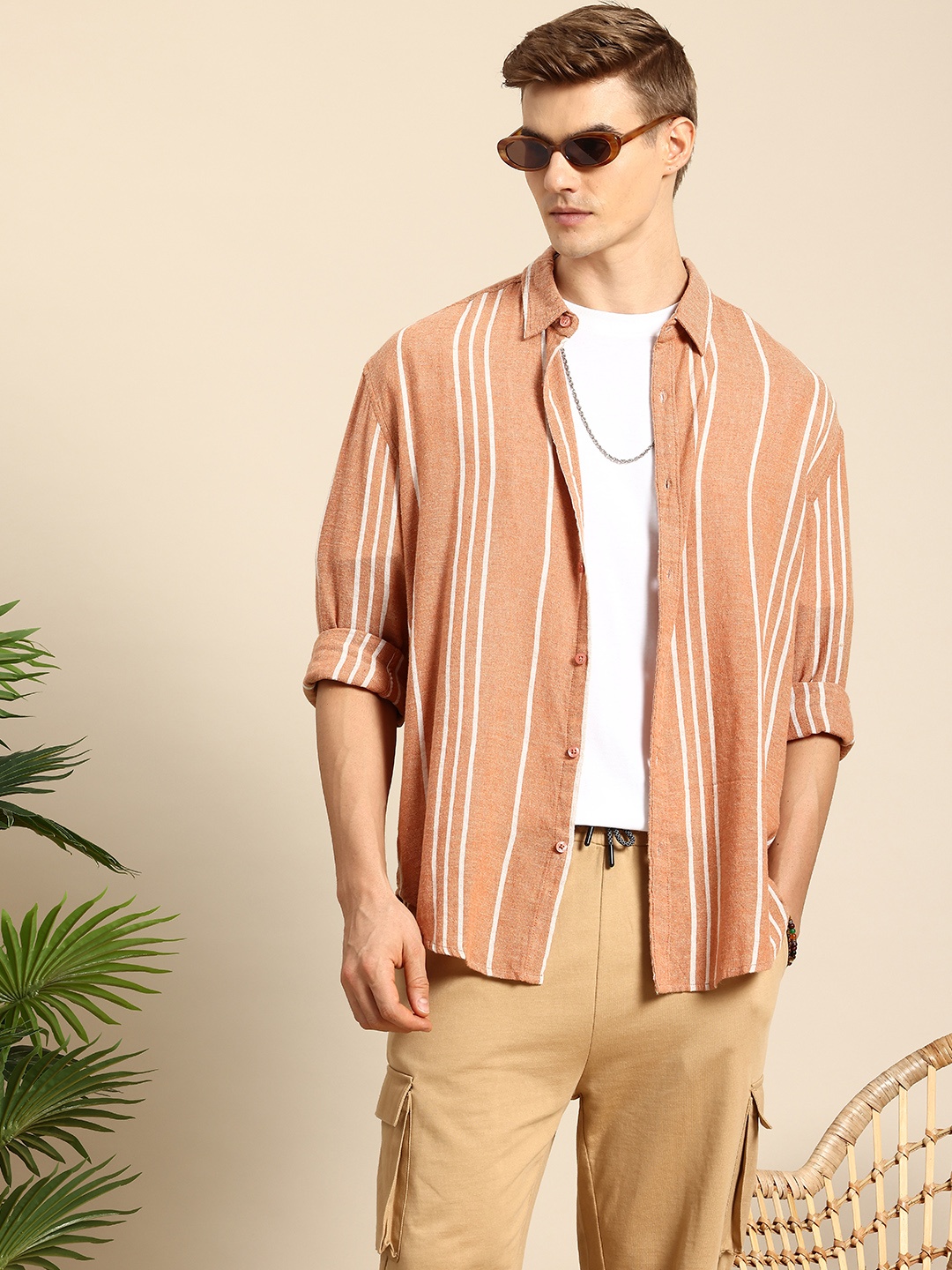 

Mast & Harbour Men Striped Oversized Pure Cotton Casual Shirt, Rust