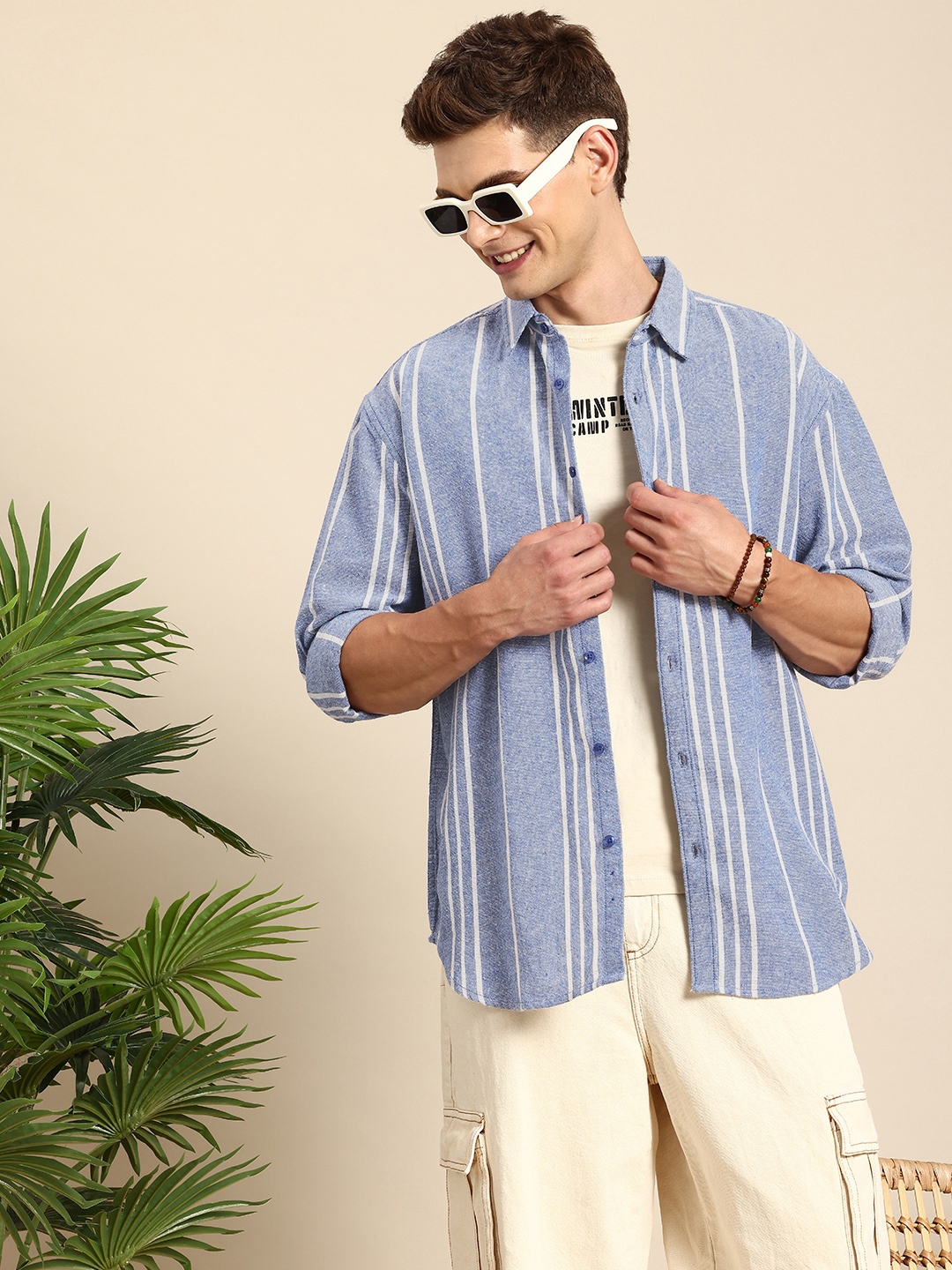 

Mast & Harbour Men Striped Oversized Pure Cotton Casual Shirt, Blue