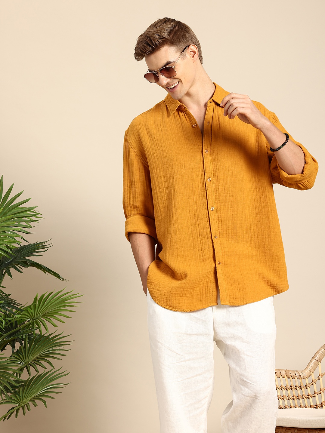 

Mast & Harbour Men Oversized Pure Cotton Casual Shirt, Mustard