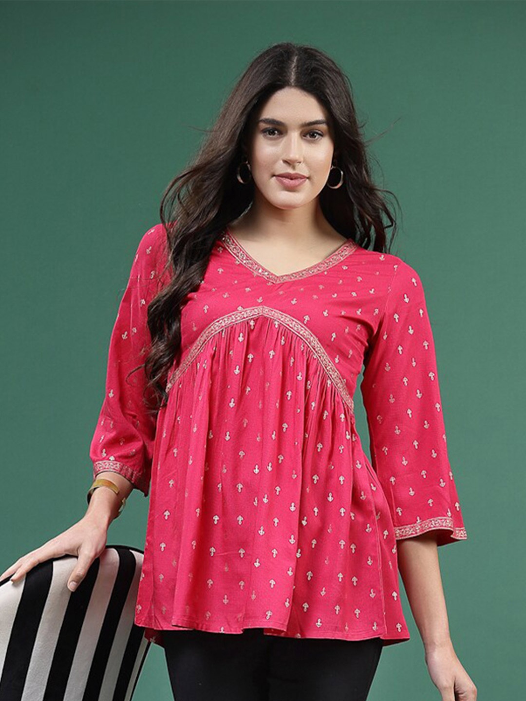 

Ramas Ethnic Motifs Printed Liva A-Line Longline Top, Pink