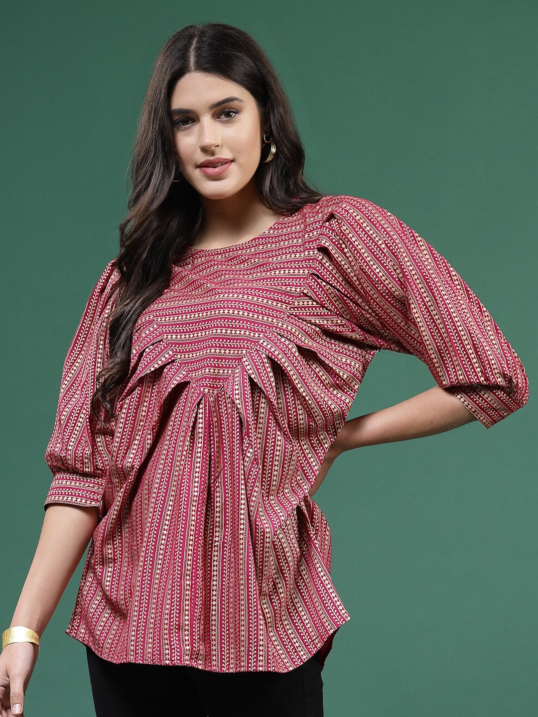 

Ramas Floral Printed Pleated Liva Top, Pink
