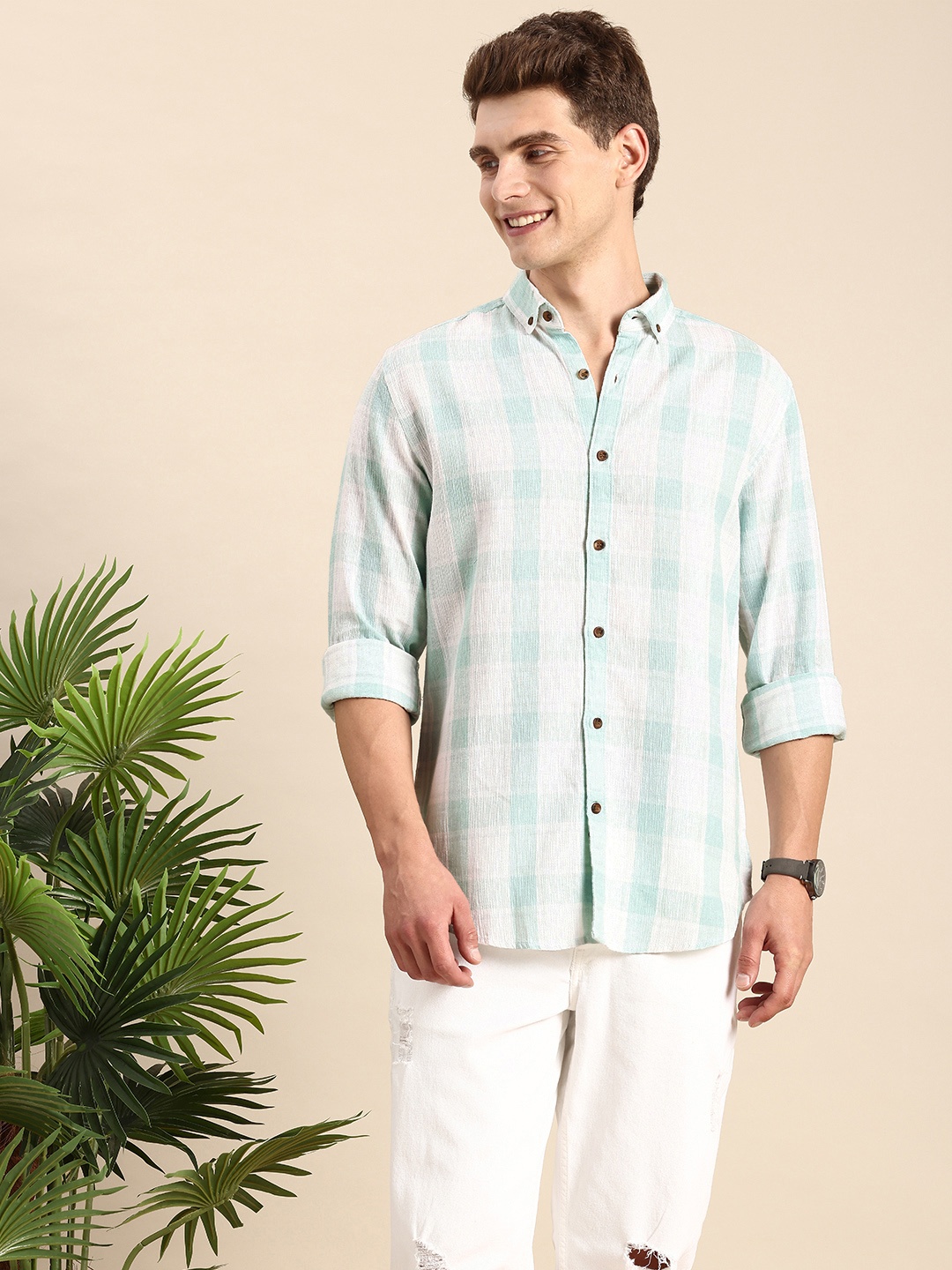 

Mast & Harbour Men Checked Casual Shirt, Turquoise blue