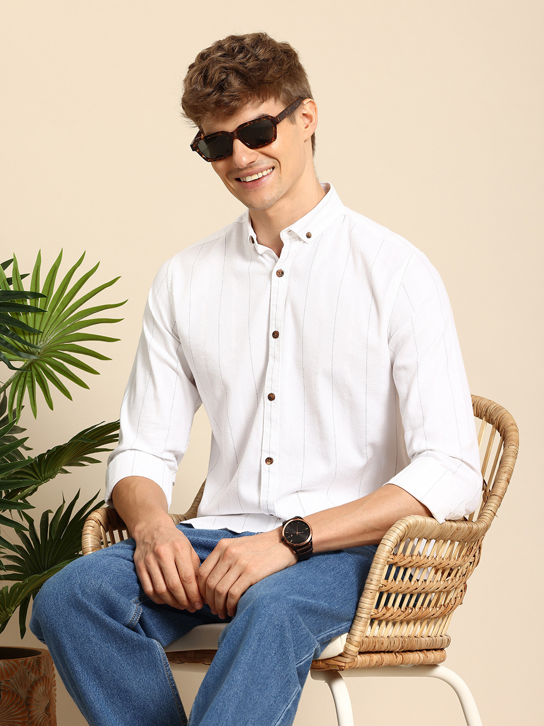 

Mast & Harbour Men Striped Casual Shirt, White