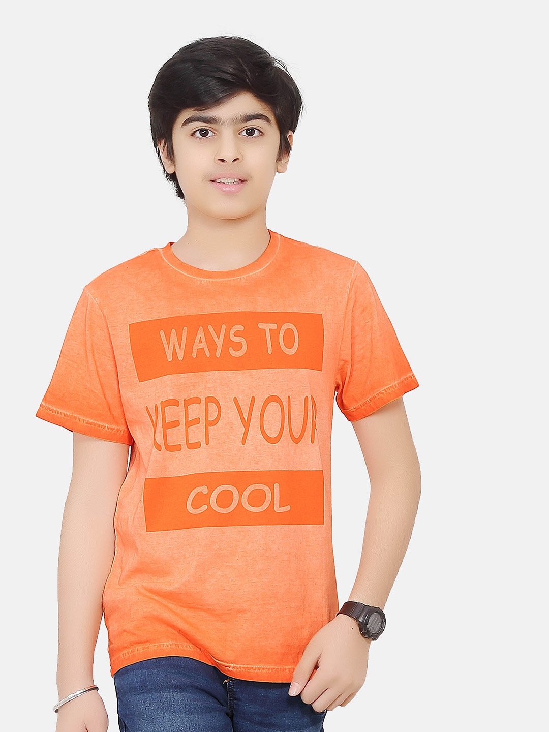 

BAESD Boys Typography Printed Round Neck Short Sleeves Raw Edge Cotton T-shirt, Orange