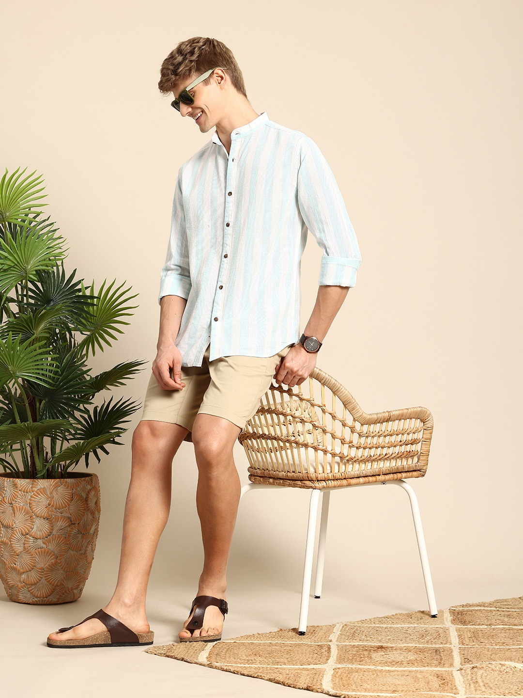 

Mast & Harbour Men Striped Mandarin Collar Pure Cotton Casual Shirt, Turquoise blue