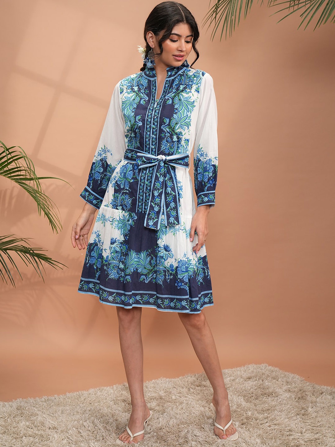 

Vishudh Floral Printed A-Line Waist Tie up Dress, White