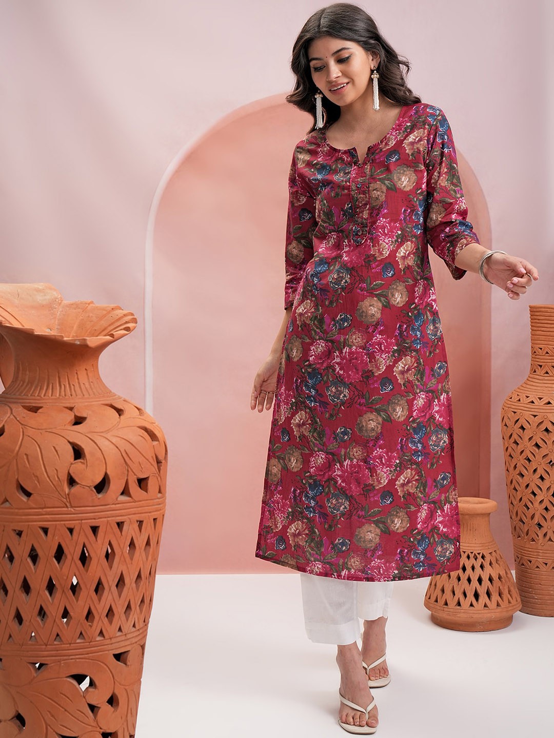 Vishudh Floral Printed Three-Quarter Sleeves Cotton Thread Work Kurta, Red
