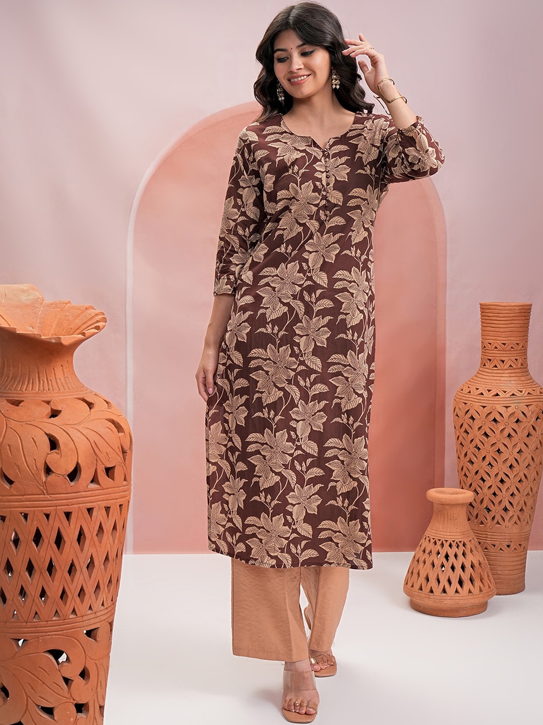 

Vishudh Floral Printed Pure Cotton Kurta, Brown