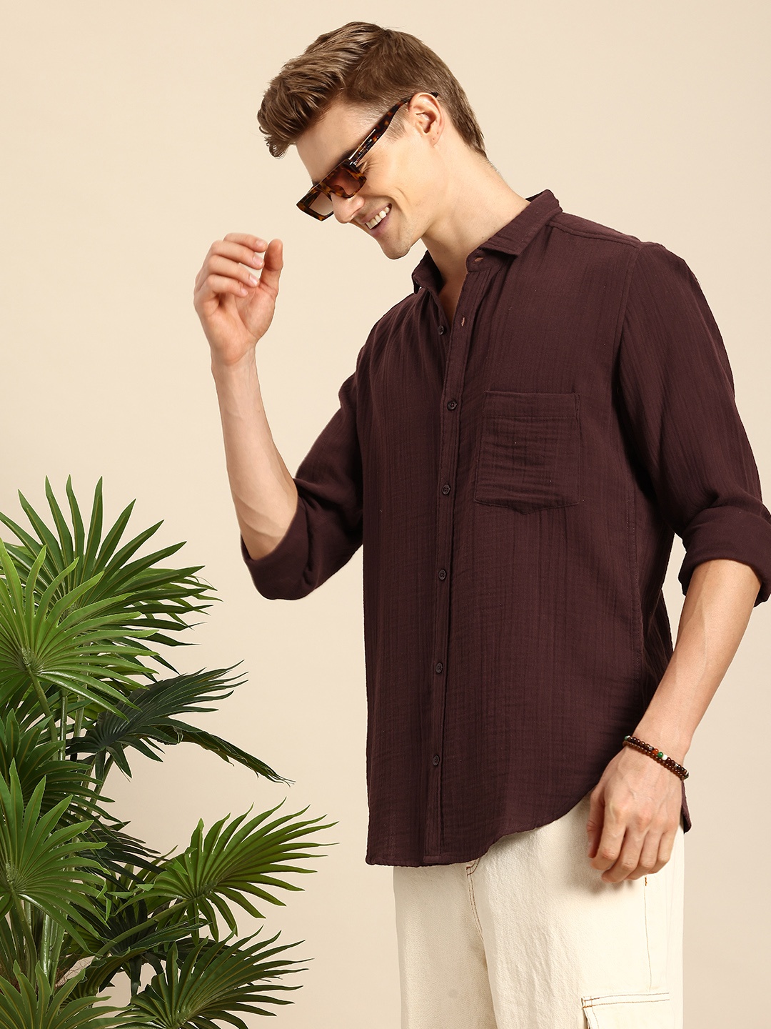 

Mast & Harbour Men Pure Cotton Casual Shirt, Coffee brown