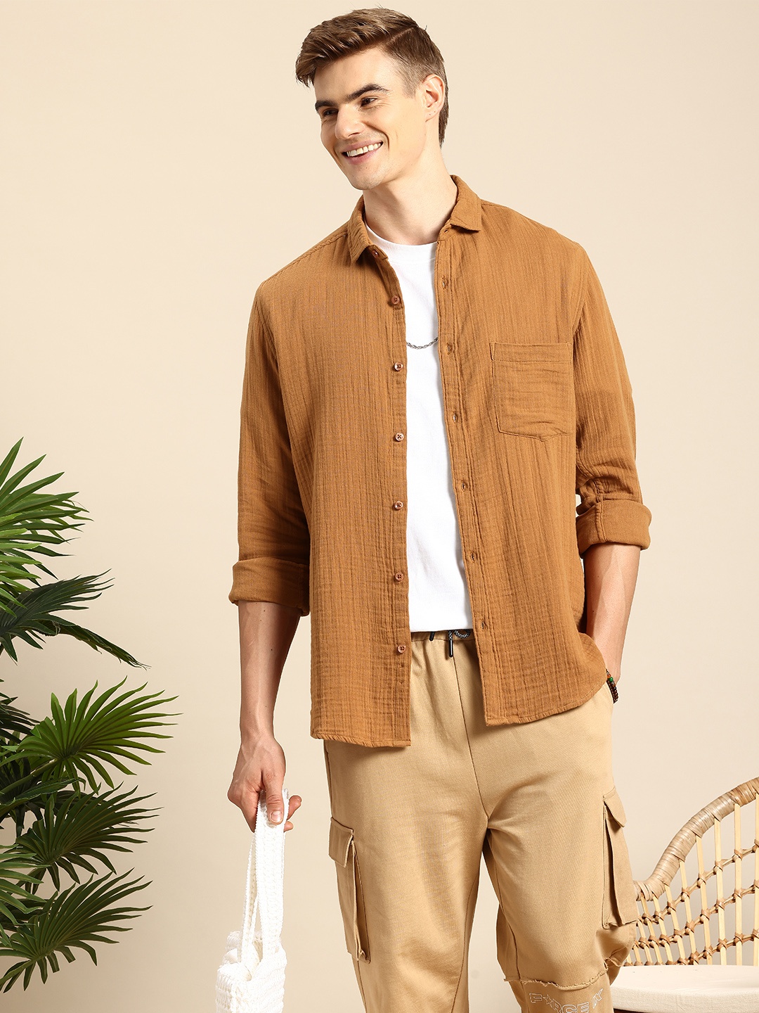 

Mast & Harbour Men Pure Cotton Casual Shirt, Brown